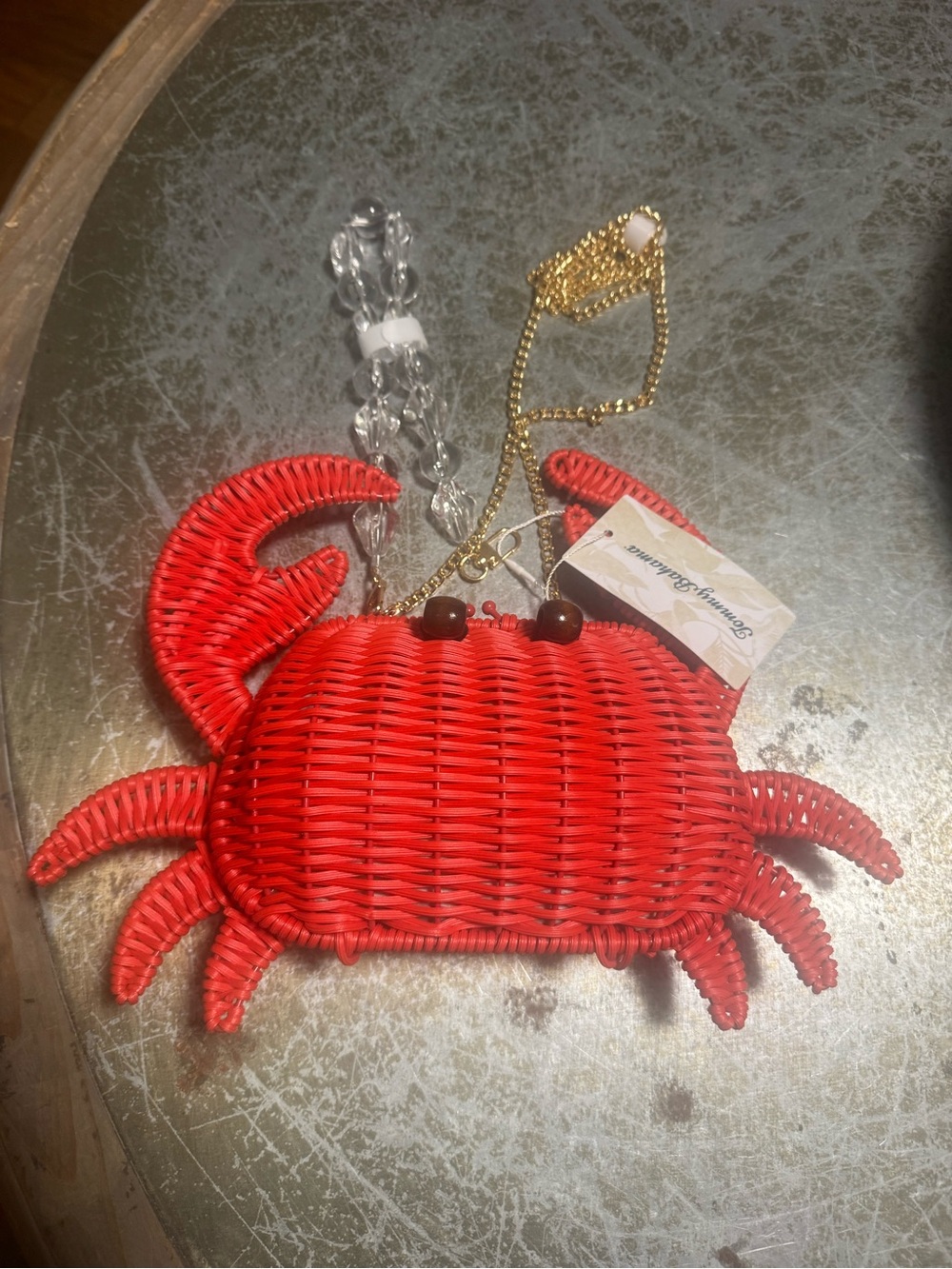 Tommy Bahama VIRAL Crab Red Wicker  Crossbody Bag Beaded Handle & Gold Chain - Picture 7 of 12